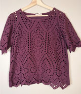 Porridge‎ Clothing Women Medium Purple burgundy Eyelet Scalloped Sleeve Boho Top Photo 0