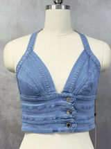 Denim Blvd‎ Halter Top Women Large Blue Stretch Crop Y2K Indie Boho Baddie Retro Photo 0