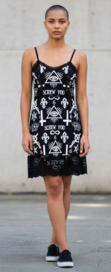 Rat Baby Womens Black Occult‎ Graphic Lace Trim Slip Mini Dress Small Photo 0