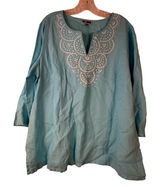 JM Collection Blue 100% Linen Beaded Embroidery Tunic Top XL 3/4 Sleeve Boho Photo 0