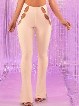 Oh Polly Trousers Women High Waisted Cut Out Flare 6 Sand‎ Rhinestone 4684-T NWT Photo 0