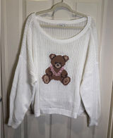 Hollister White Open Knit Teddy Bear Graphic Sweater Slouchy Scoop Neck Size XL Photo 0