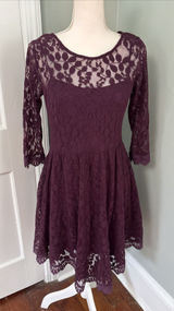 Free People‎ Floral Mesh Lace Dress Cranberry Burgundy Lined 3/4 Sleeve Small Photo 0