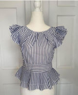 Blue White Striped Ruffle Peplum Blouse | Flutter Sleeve Top | Size S Photo 0