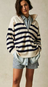 Free People Coastal Stripe Pullover Champagne Navy Combo Large Photo 0