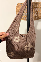 Brown Crochet Shoulder Bag with Cream Floral Details Photo 0