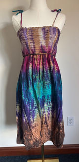 Motherhood Maternity Purple Teal Brown Tie-Dye Smocked Midi Dress Photo 0