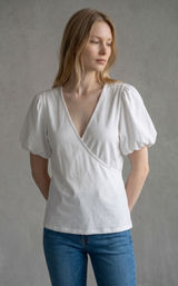 Boston Proper White Puff Sleeve Wrap Top‎ V-Neck Cotton Stretch 32310102 XL Photo 0