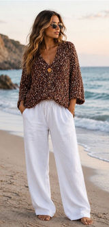 Leo & Nicole Brown Marled V-Neck Chunky Knit Cardigan Photo 0