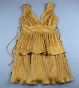 Lena Gold Pleated Tiered Mini Dress Deep V Neck Side Tie Party Dress Small Photo 0