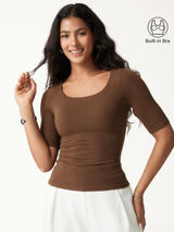 OGL Essential Elbow Length Sleeve Square Neck Bra Top Sweet Hazelnut Brown M NWT Photo 0