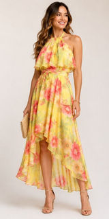 Eliza J Yellow Floral Halter High Low Maxi Dress 8‎ Chiffon Wedding Guest Party Photo 0