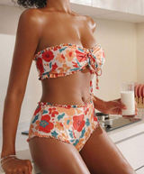 SHEIN Swimsuit‎ Flower Print Knotted Front Bandeau Bikini Set, High Waist Sz S Photo 0