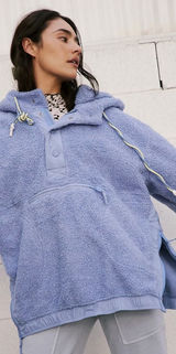 Free People Fuzzy Was She Pullover Blue Sherpa Fleece Hoodie Womens Small Photo 0