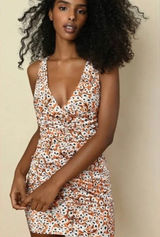 Hutch Campbell Mini Dress Orange White Daisy Floral Ruched Satin Halter L NEW Photo 0