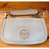 Tory Burch Amanda Logo Gray Crossbody Clutch Gold Chain Flap Magnetic Closure Photo 0