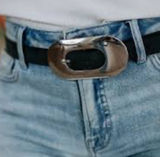 Mango Chocolate Brown Leather Belt Oversized Silver Oval Buckle Large Photo 0