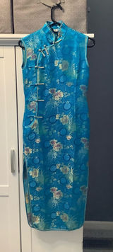 Yuexuan Qipao Dress Shanghai Style Blue Gold Floral Satin Mandarin Collar Y2K Photo 0