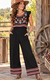Savanna Jane M Black Embroidered Jumpsuit Boho Western Floral Wide Leg Rayon Photo 0