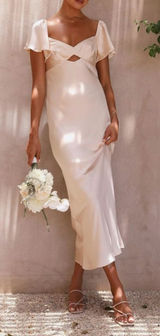 Champagne bridesmaid maxi dress formal summer gown flutter sleeves & open back Photo 0