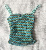 Free People Blue Mesh Overlay Patterned Cami Ruched Tank Top Photo 0