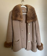 American Vintage Vintage 70s Chunky Wool Knit Cardigan Sweater Fur Trimm Sz Medium Tan Photo 0