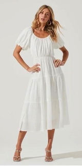 ASTR The‎ Label White Textured Puff Sleeve Tiered Midi Dress ADR100877 Womens XS Photo 0