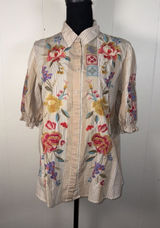 Johnny Was Petunia Smocked Lisbon Shirt Med Embroidered Floral Button Down‎ Photo 0