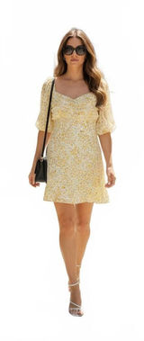 Showpo Women's US 14 Yellow Floral Off-Shoulder Puff Sleeve Mini Dress Photo 0