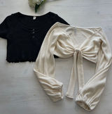 Byou Apparel Cream Tie Front Cropped Ribbed Sweater & BP Black Lettuce‎ Hem Crop Photo 0