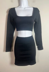 OQQ Women Black Ribbed Two Piece Set Long Sleeve Crop Top Mini Skirt Small NWOT Photo 0