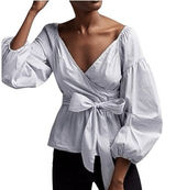 EXPRESS Belted Wrap Tie Top 3/4" Balloon Sleeves Cerulean Blue & White‎ NWOT S Photo 0