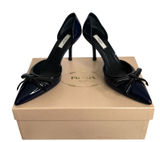 Prada Vintage 2000s Navy Patent Leather Bow D’Orsay Heels Italy 38 New with Box Photo 0