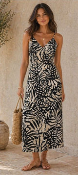 Patrons of‎ Peace Womens Black Cream Tropical Leaf Smocked Midi Dress Summer S Photo 0