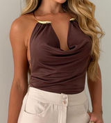 Boutique Luxury Gold Hardware Cowl Neck Bodysuit - Chocolate Brown "Old Money" Style Photo 0