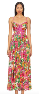 Free People Pink Floral Lace Up Empire Waist Dream Weaver Maxi Dress Sz Med Photo 0