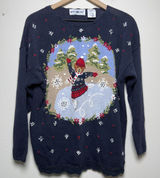 White Stag Women Christmas Holiday Ramie Cotton Sweater Blue Ice Skating Bear Crochet Photo 0
