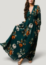 Baltic Born Olivia Teal Green Floral Smocked V-Neck Maxi Dress Long Sleeve 2XL Photo 0