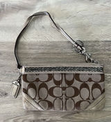 AUTHENTIC COACH KHAKI SIGNATURE AND BROWN SUEDE BEADED WRISTLET wallet Pouch Photo 0