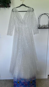 NWT Merry’s Bridal White Sequin Sheer V Neck Long Sleeve Wedding Gown Size 8 Photo 0