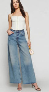 Reformation Jeans Iggy Super Wide Leg Stretch Atwood Wash Blue Raw Hem Womens 27 Photo 0