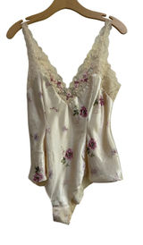 Vintage Victorias Secret Floral Satin Lace Bodysuit Cream Pink Medium Photo 0