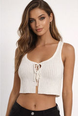 Princess Polly Knit Tie FrontCrop Top Women S/M Ivory Pointelle Ribbed Festival Photo 0