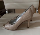 David's Bridal Rochelle Champagne Gold Glitter Peep Toe Pumps Heels‎ Size 8.5M Photo 0