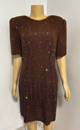 Stenay Vintage Brown Silk Beaded Sequin Sheath Cocktail Dress XL Shoulder Pads Photo 0
