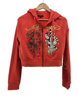 Ed Hardy Hoodie Womens XL Red Cropped Zip Up Tattoo Graphic Panther Dagger Y2K Photo 0