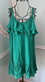 BLUE RAIN green‎ swiss dot sundress Large rainbow pom pom ruffle dress NWT Photo 0