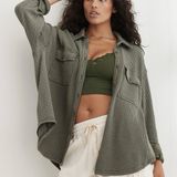 Aerie LumberJane Waffle Shirt Shacket Women’s XS Button Down Oversized Green Photo 0