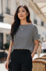 T‎ by Alexander Wang Striped Leather Trim Boatneck Top Women's 6 Minimalist Photo 0
