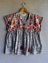THML Blouse Floral Embroidery Tiered Boho Peasant Hippie Tassled Photo 0